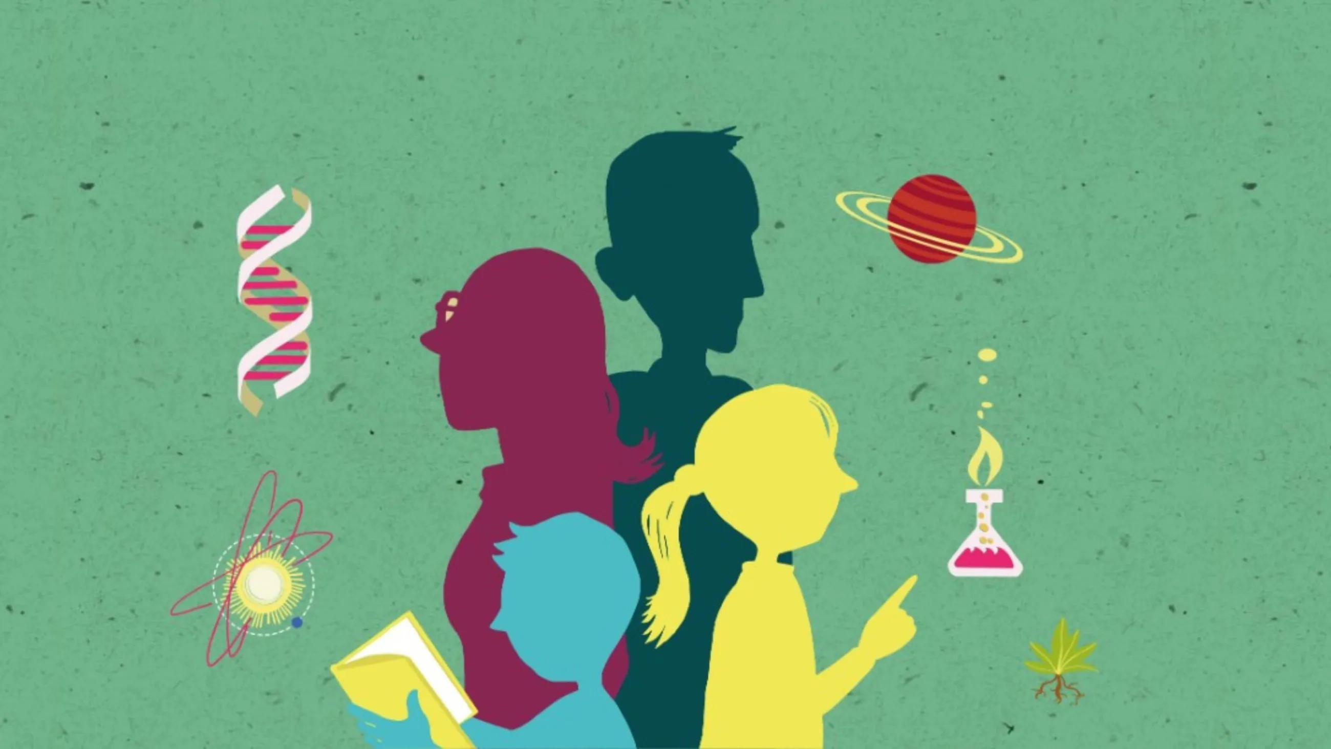 Stilisierte Familie und verschiedene Icons zum Thema Wissenschaft (Planet, Reagenzglas, DNA-Strang)
