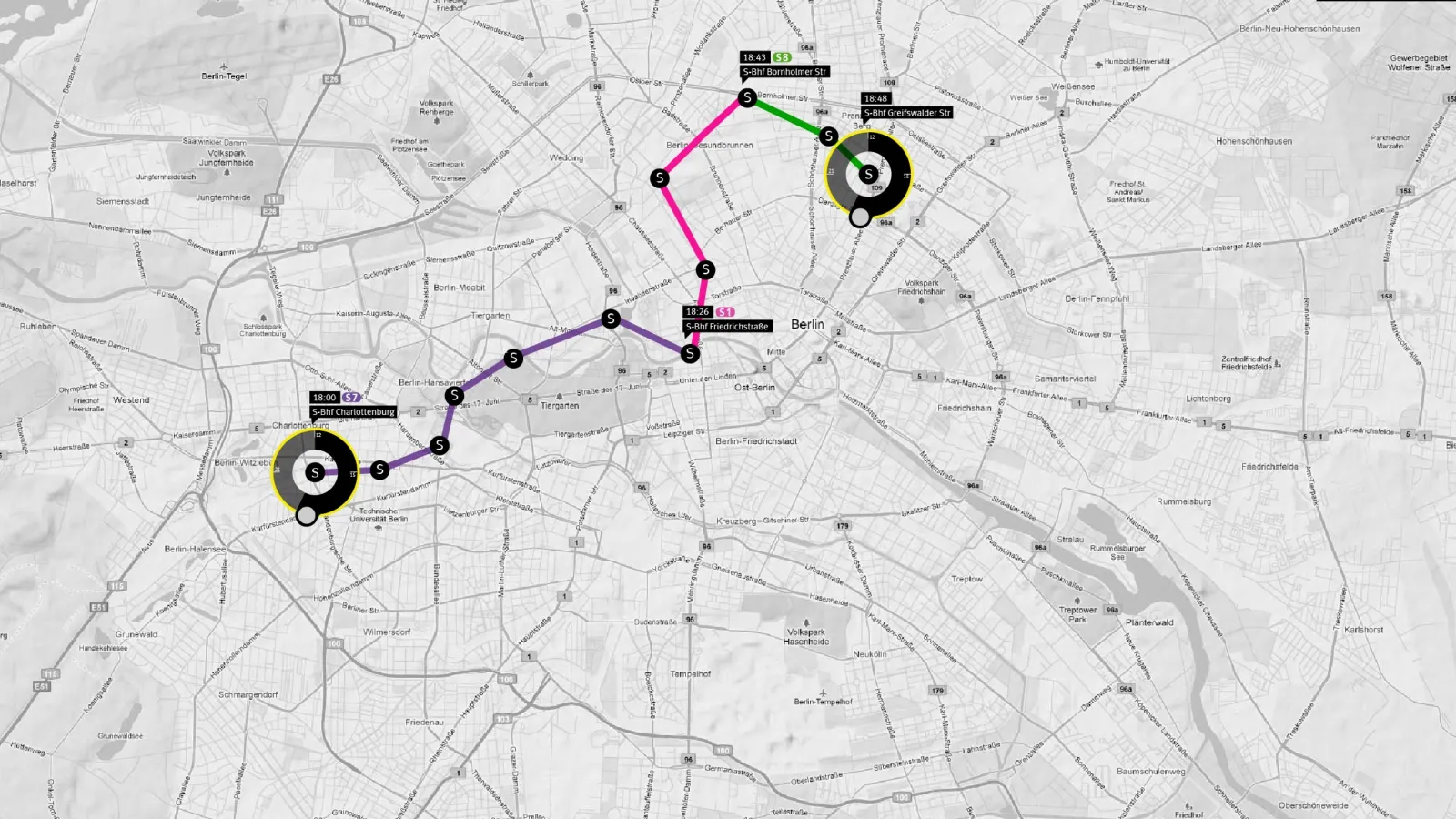 Nachdem der Routenplaner durch eine Zieh-Geste auf dem Grabble Table aktiviert wurde,  wird die berechnete Route auf dem Tisch visualisiert. Es erscheint hier eine Strecke, die mit der S-Bahn gefahren werden kann, einschließlich der erforderlichen Umsteigpunkte.