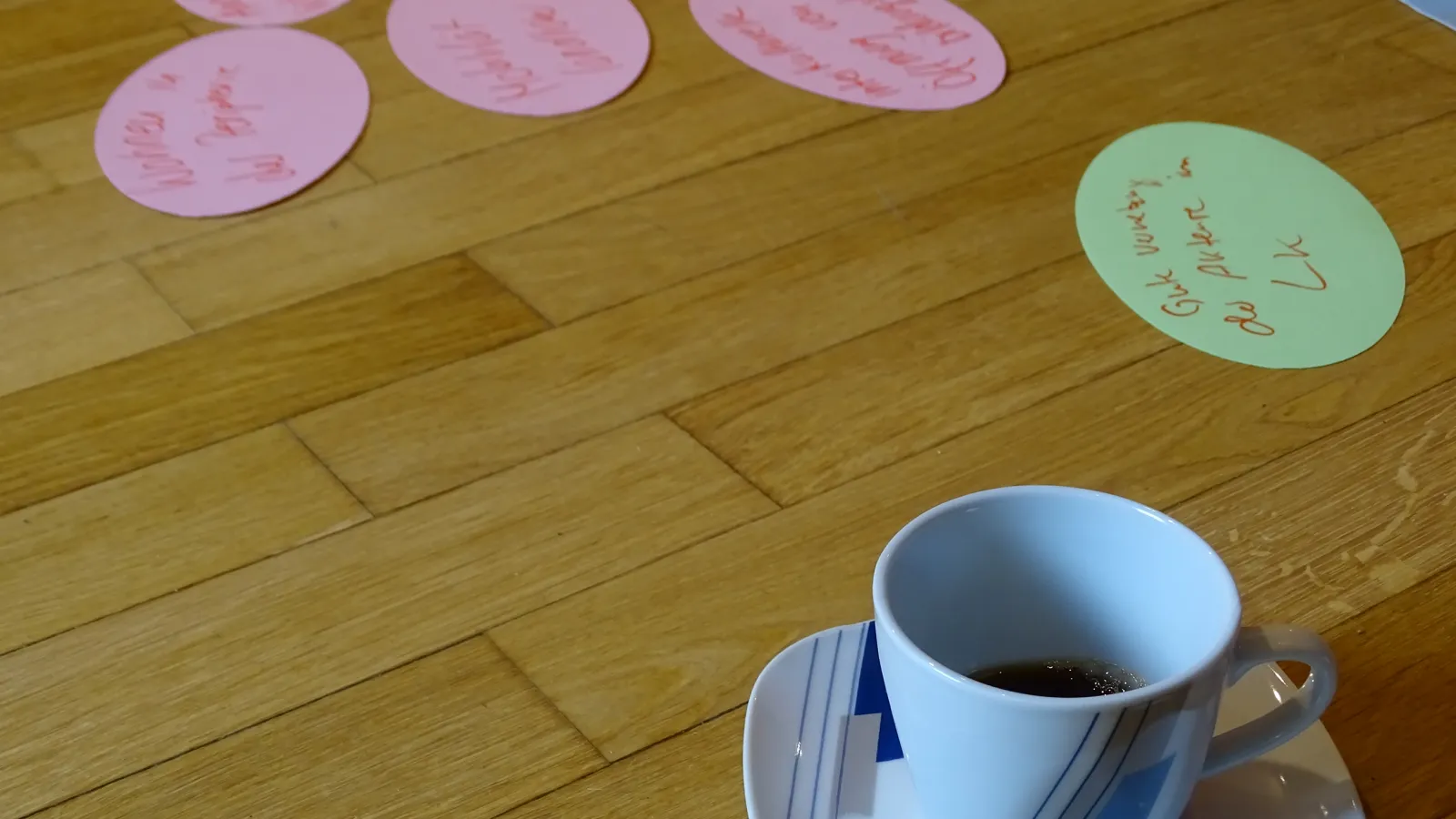 Kaffeetasse neben beschriebenen Zetteln