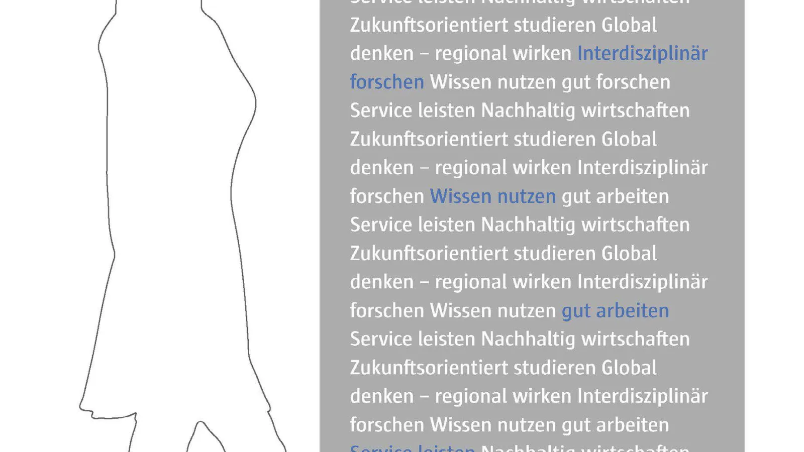 Grafik mit einer aufrecht stehenden Stele aus Beton. Daneben eine menschliche Sillhouette, die etwas kleiner ist. Auf der Stele sind Willkommensgrüße und Informationen zu den Gebäuden. Auf der Rückseite sind einige Leitlinien der Fachhochschule abgebildet.