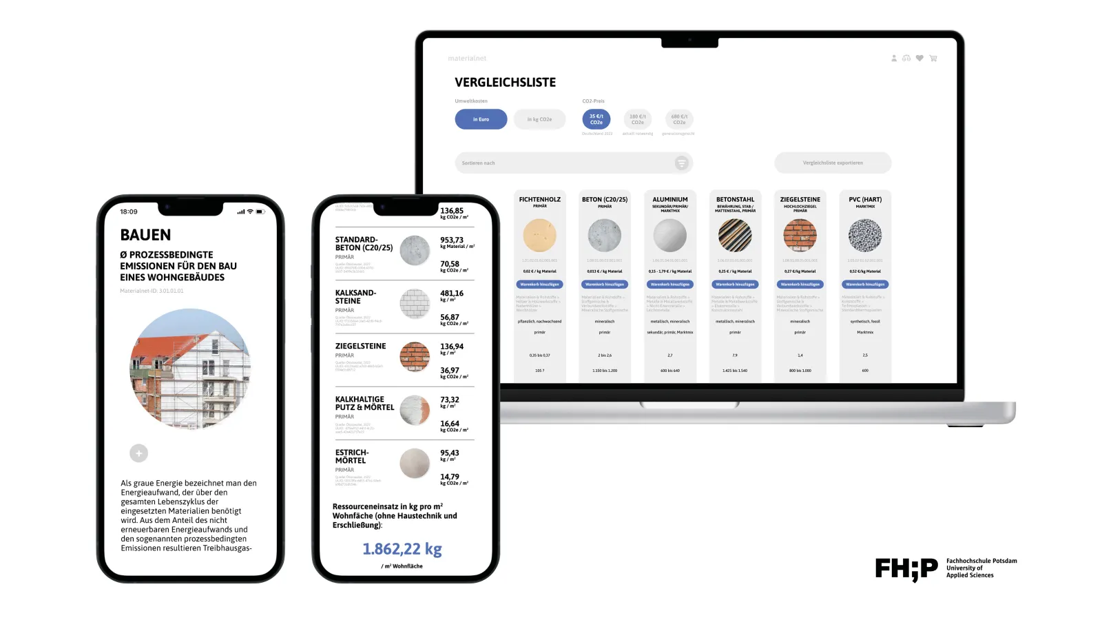 Grafik mit Tablet und Smartphone, auf denen eine Vergleichsliste von Umweltkosten für verschiedene Materialien zu sehen ist.