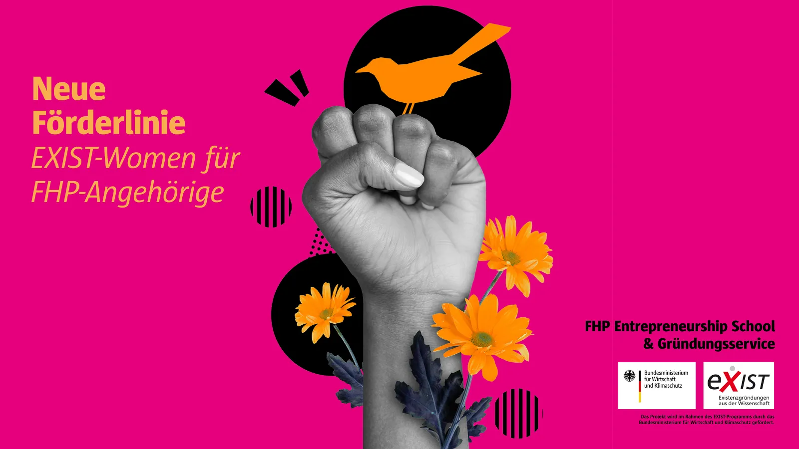 Pinkes Bild mit erhobener Faust, Blumen und Schriftzug EXIST-Women