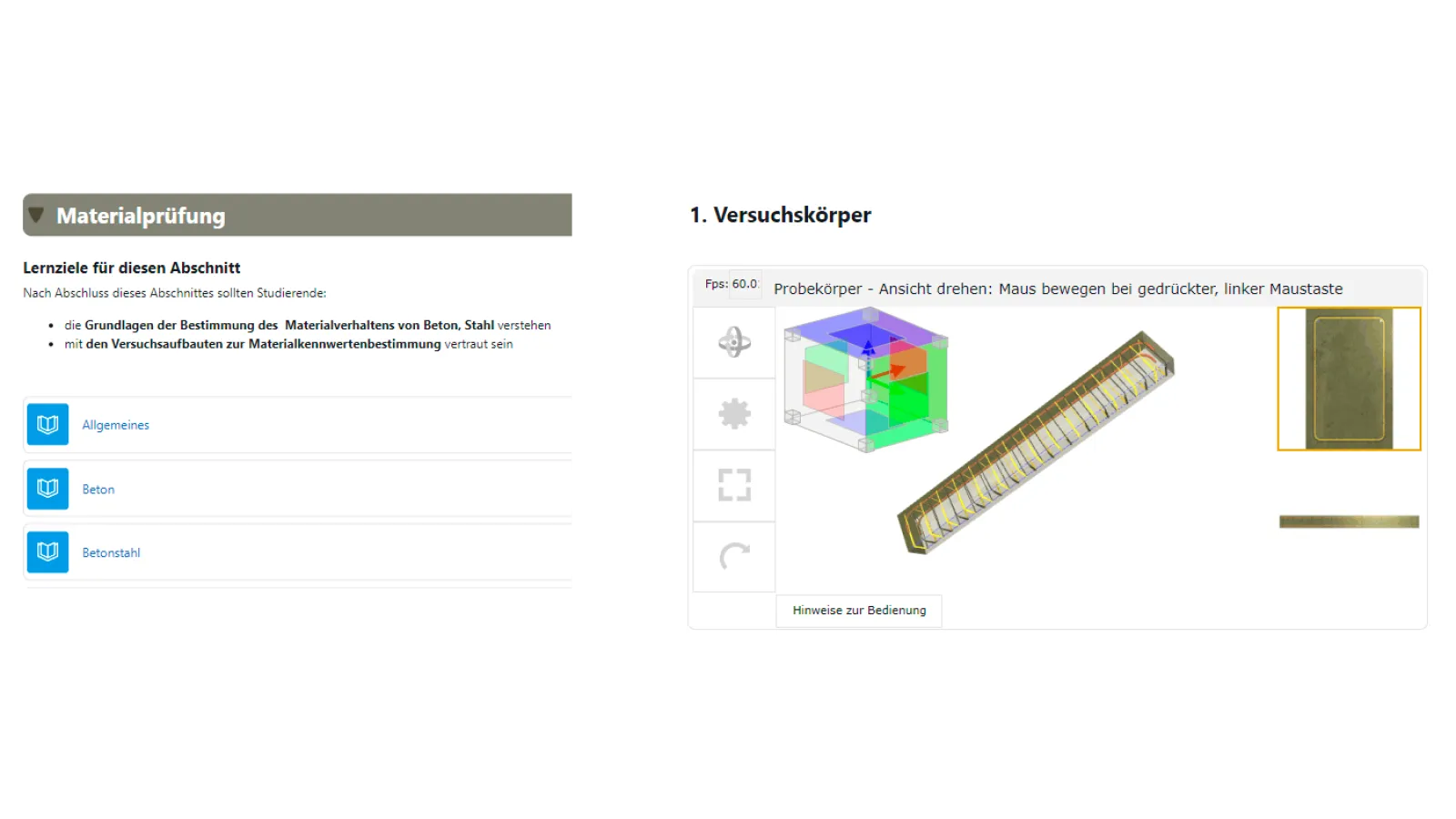 Beispiel einer Navigation und 3D-Darstellung eines Stahlbeton-Balkens