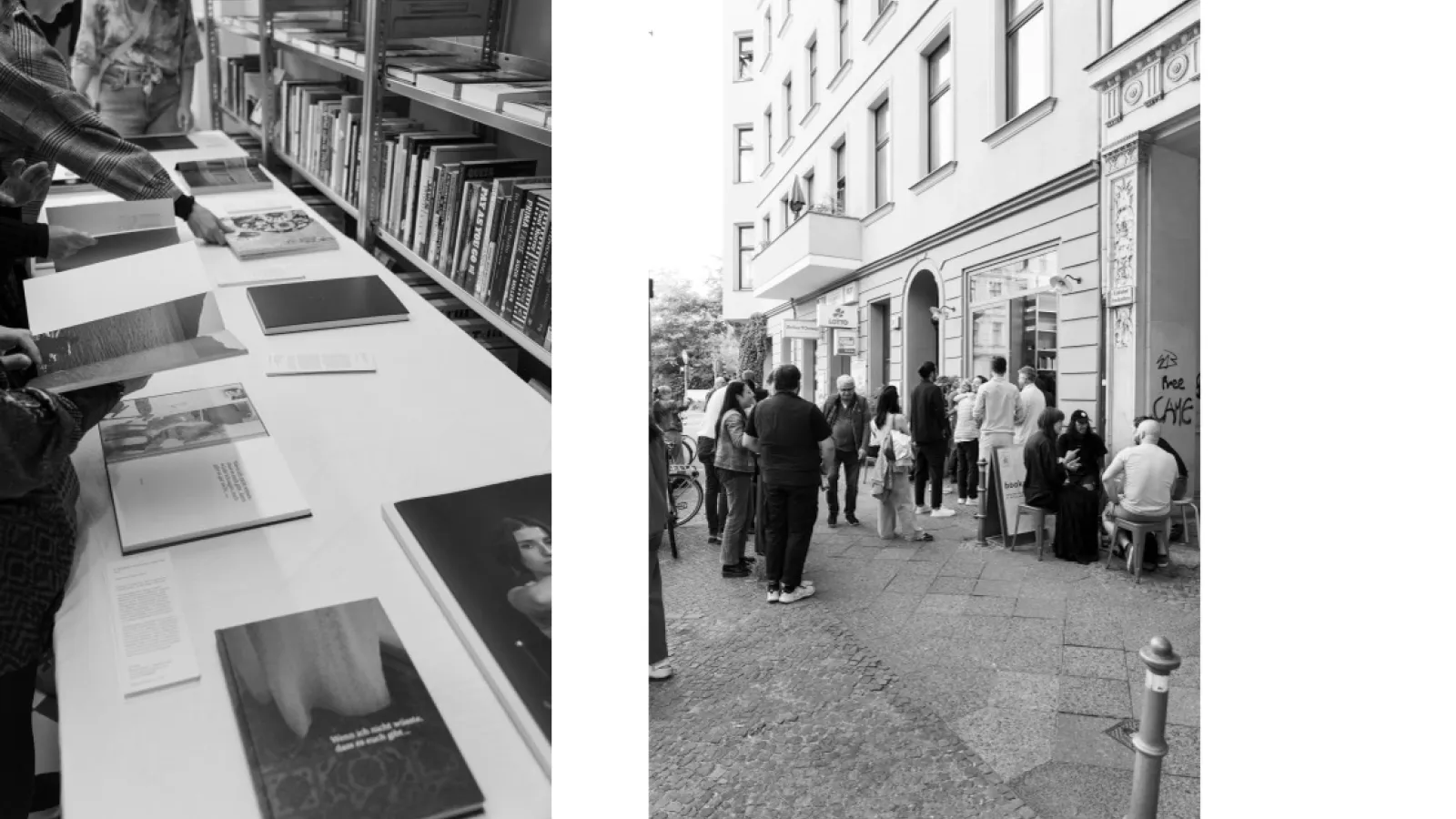 2 Fotos schwarz weiß nebeneinander, in und vor dem Buchladen Ivry books Berlin