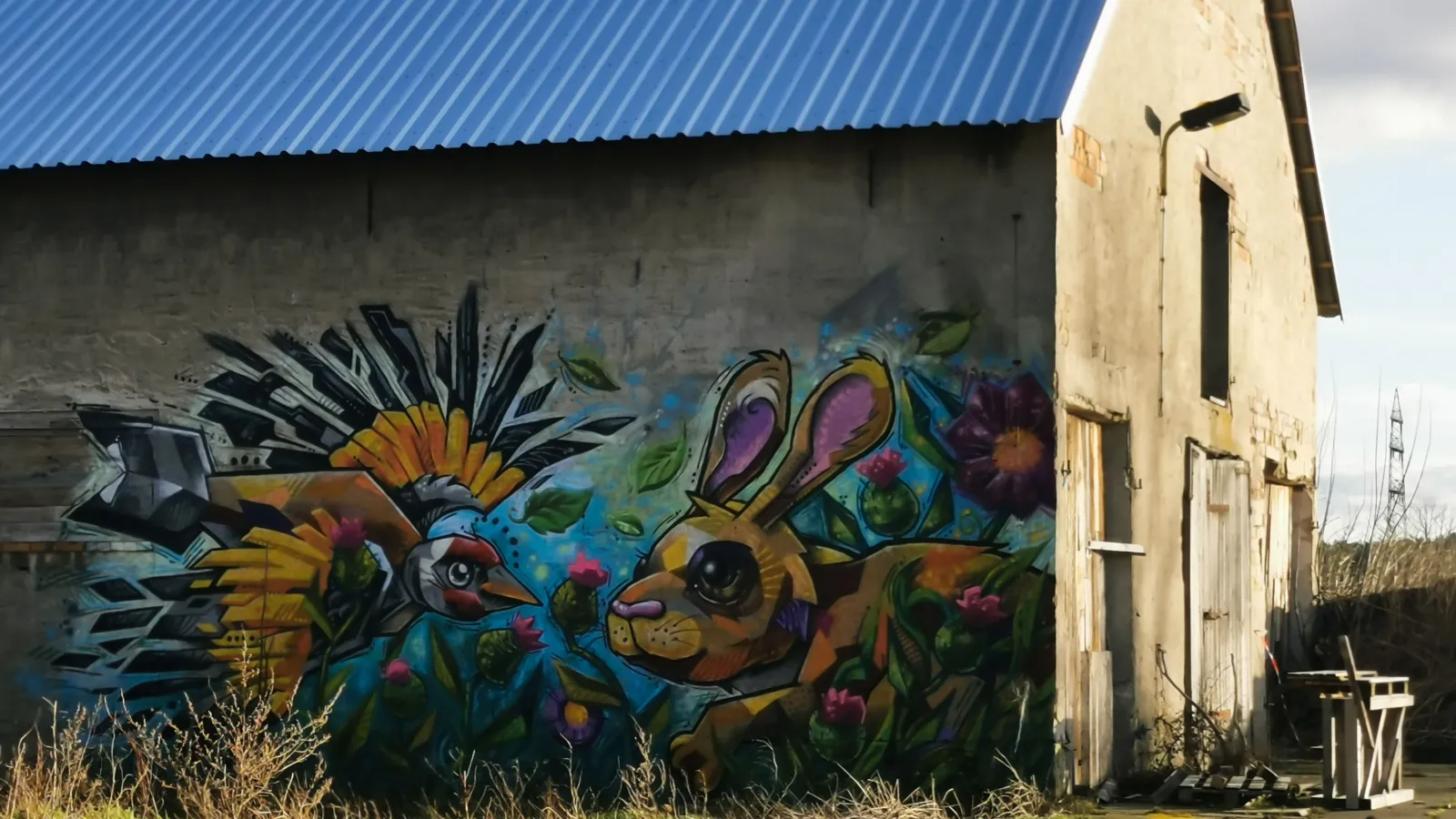 Seitenansicht eines Kuhstalles mit Grafitti