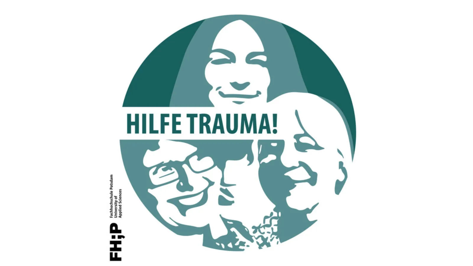 Stilisierte Portraits von Prof. Dr. Alexandra Schmidt-Wenzel, Birgit Bucher und Dr. Bettina Kupfer mit dem Titel des Podcasts "HILFE TRAUMA!"