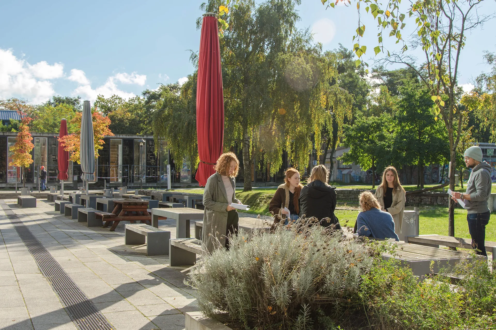 Studierende sind draußen auf dem Campus