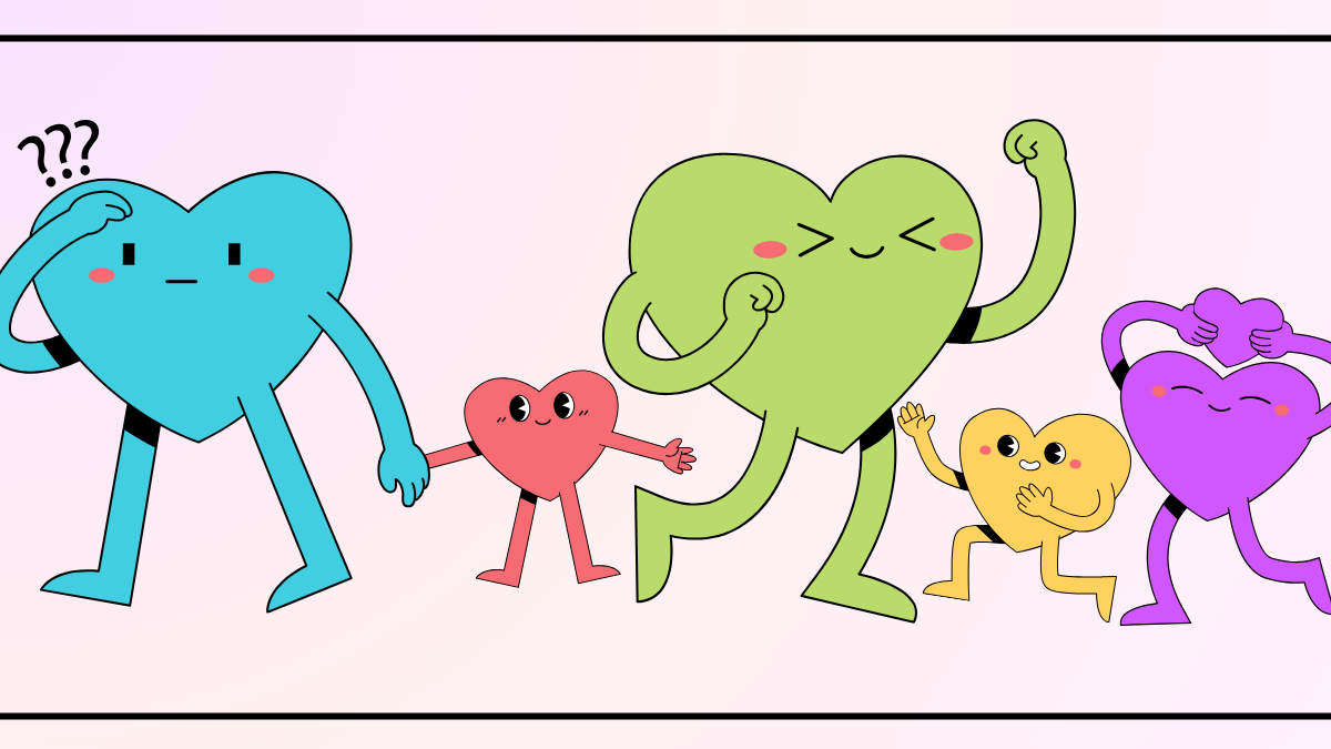 Verschiedend-farbige und unterschiedlich große Herz-Karikaturen laufen auf einem mehrfarbigen Untergrund umher
