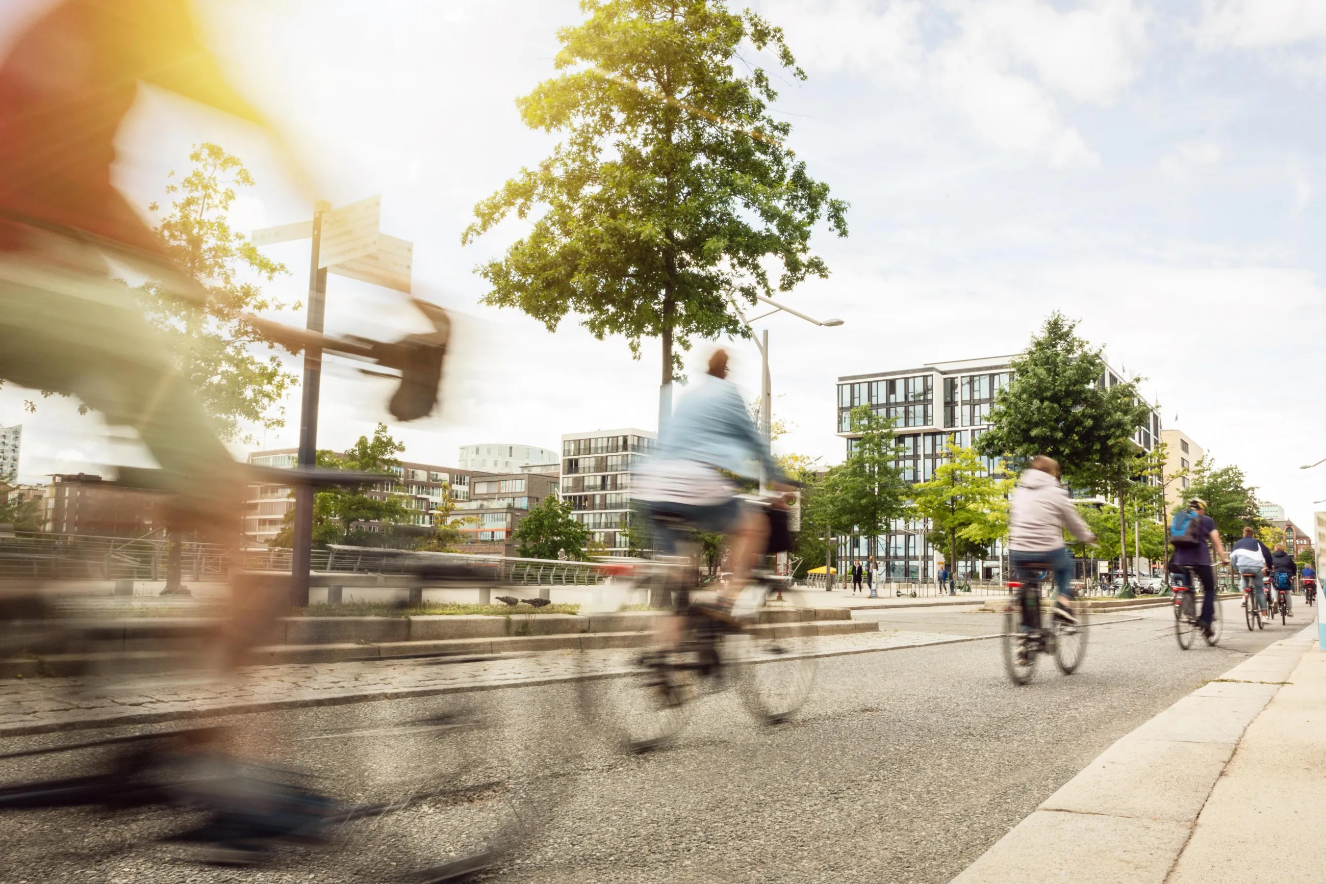 Fahrradfahrende in einer Stadt mit grünen Bäumen und modernen Gebäuden