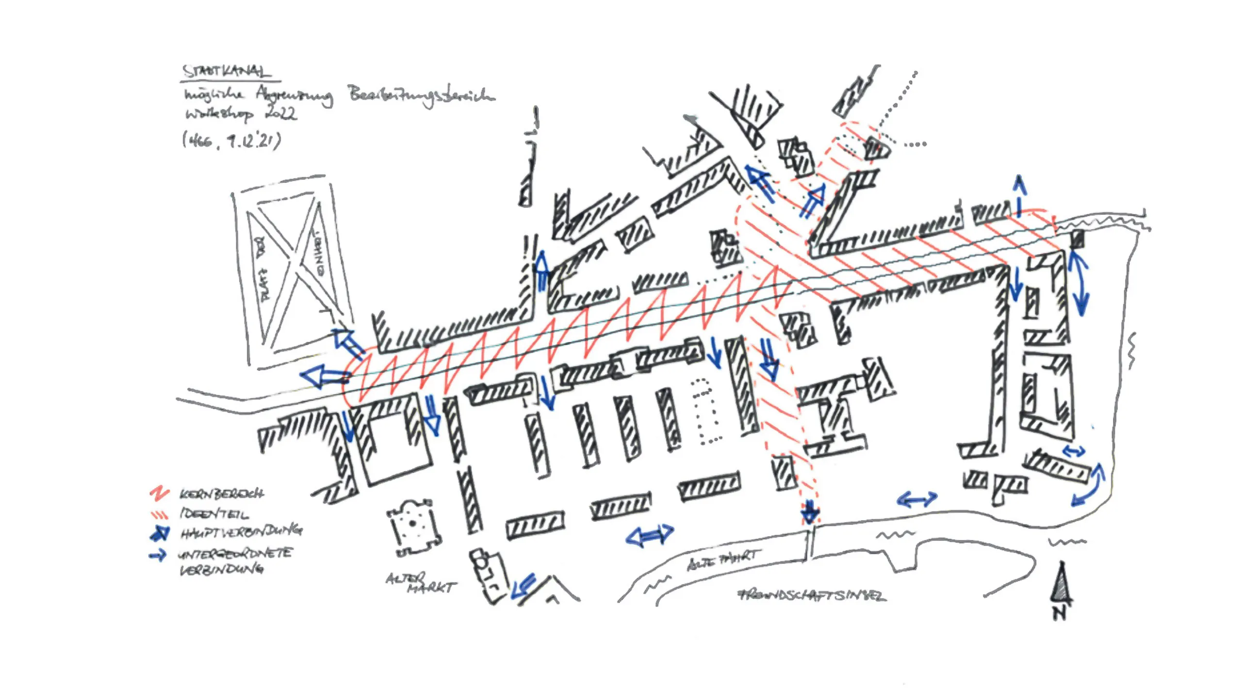 Skizze mit Notizen vom Stadtkanal Potsdam, angefertigt im Rahmen der studentischen Ideenwerkstatt 2022