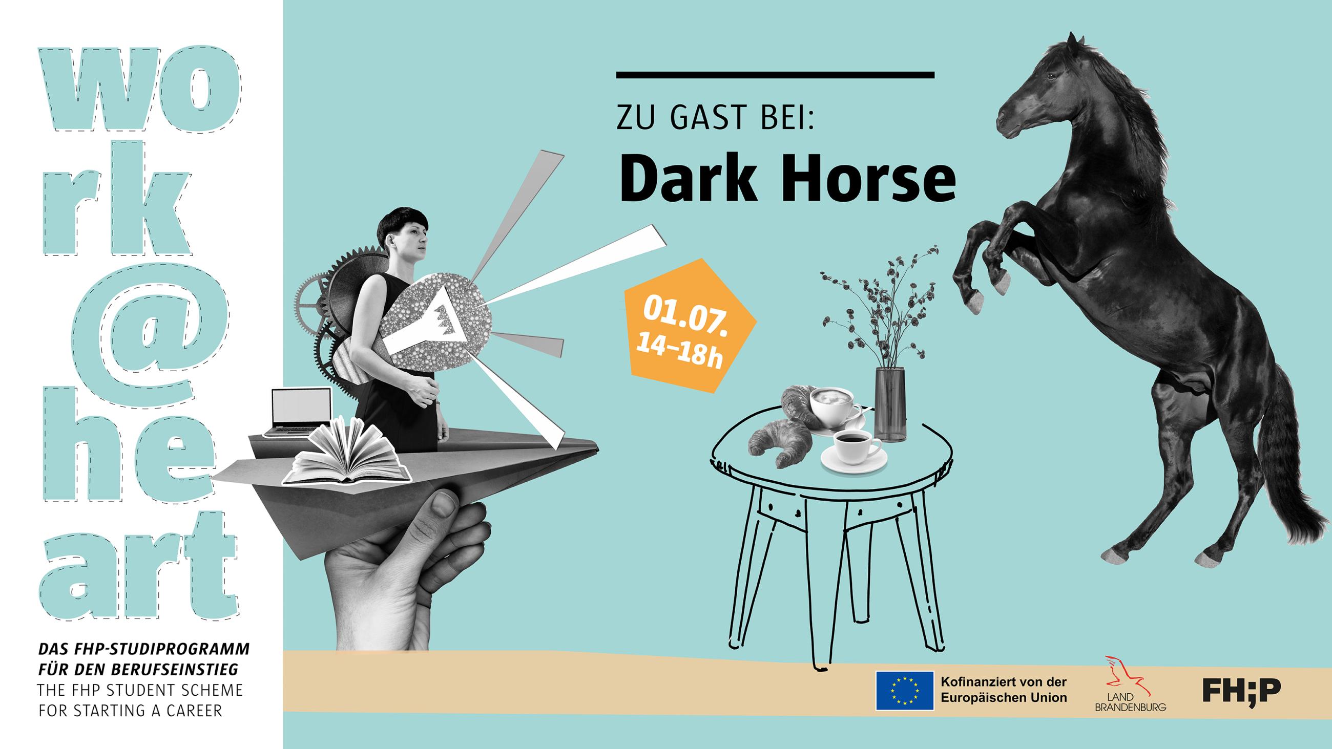 Illustration eines schwarzen Pferdes und eines gedeckten Tisches
