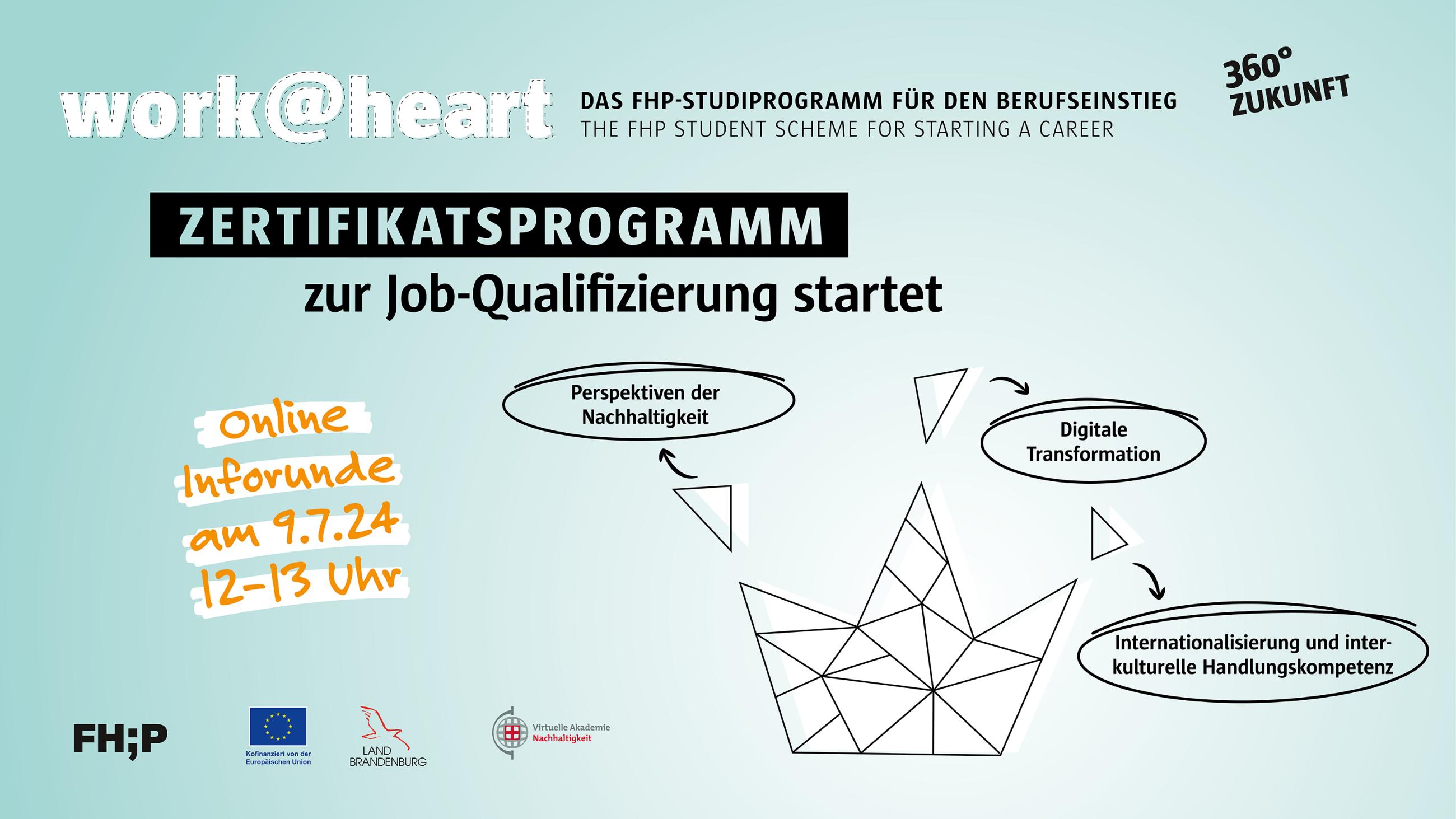 Gefaltetete Papierkrone auf türkisem Hintergrund Aufschrift Inforunde zum Work@Heart Zertifikatsprogramm