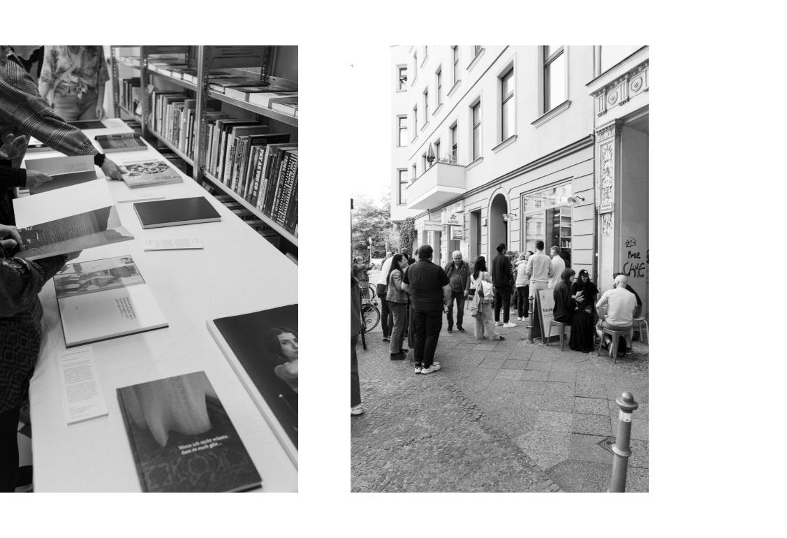 2 Fotos schwarz weiß nebeneinander, in und vor dem Buchladen Ivry books Berlin