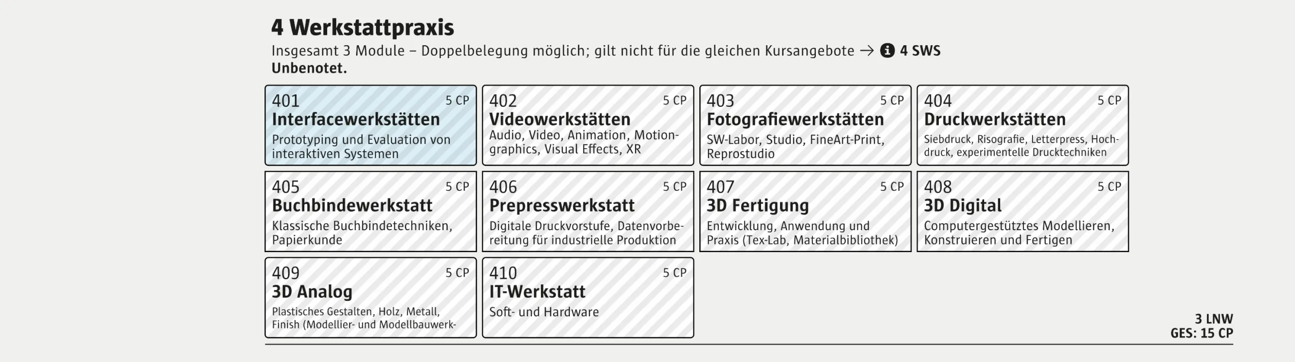 Screenshot des Moduls Werkstattpraxis aus der Studien- und Prüfungsordnung der Design-Bachelorstudiengänge.