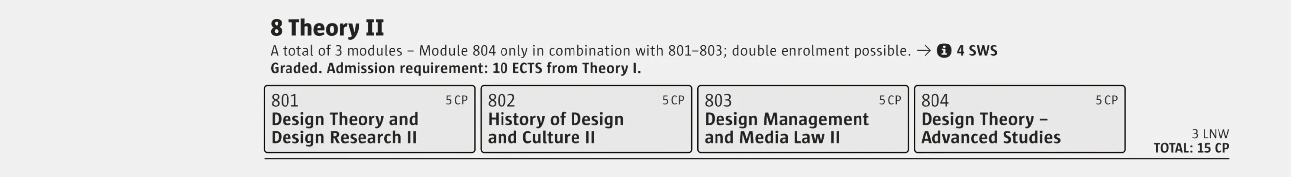 Screenshot of the Theory 2 module from the study and examination regulations for the Bachelor's degree programmes in Design.