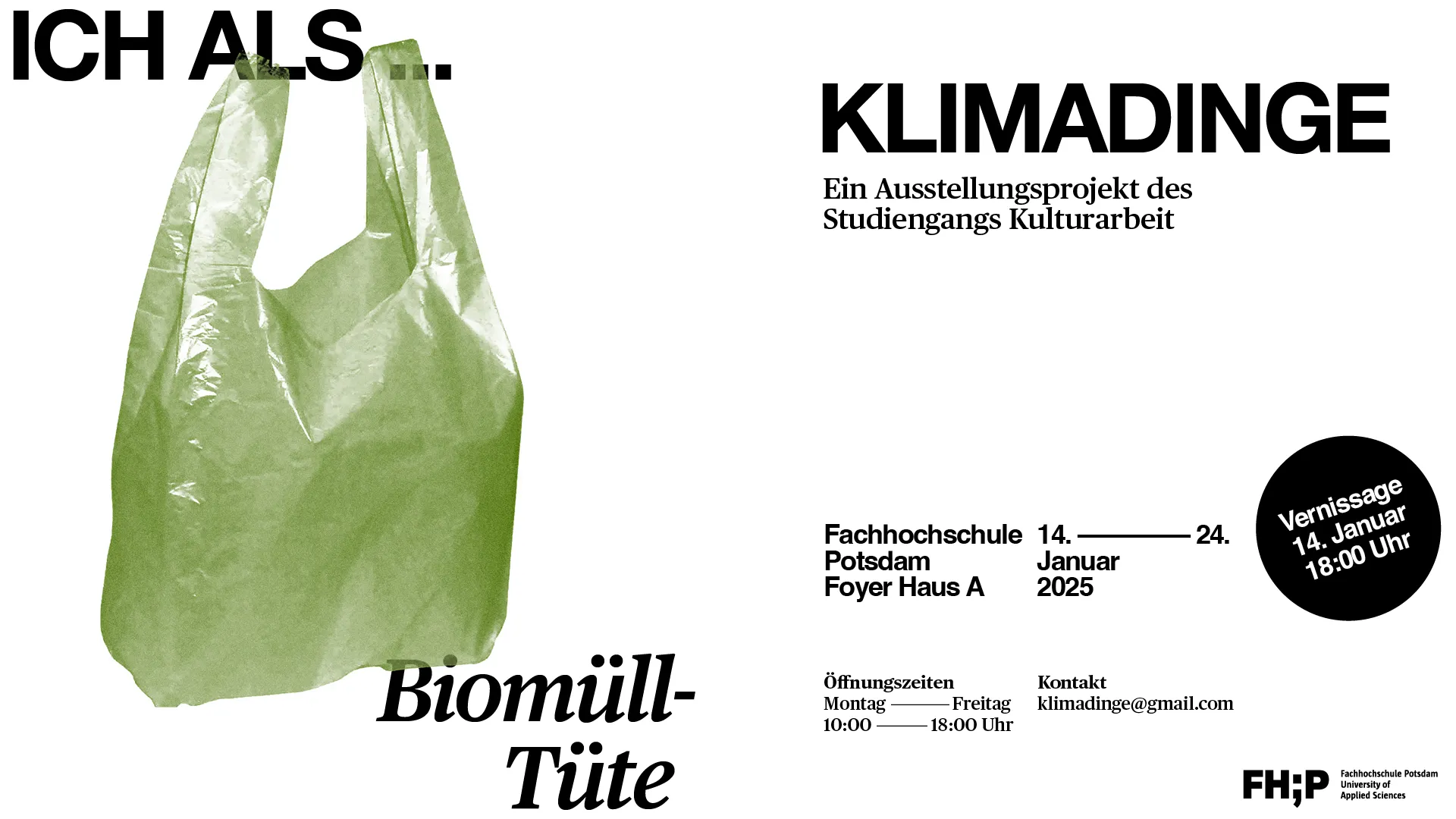 Flyer mit Ausstellungsdetails und einer Abbildung einer Biomülltüte.