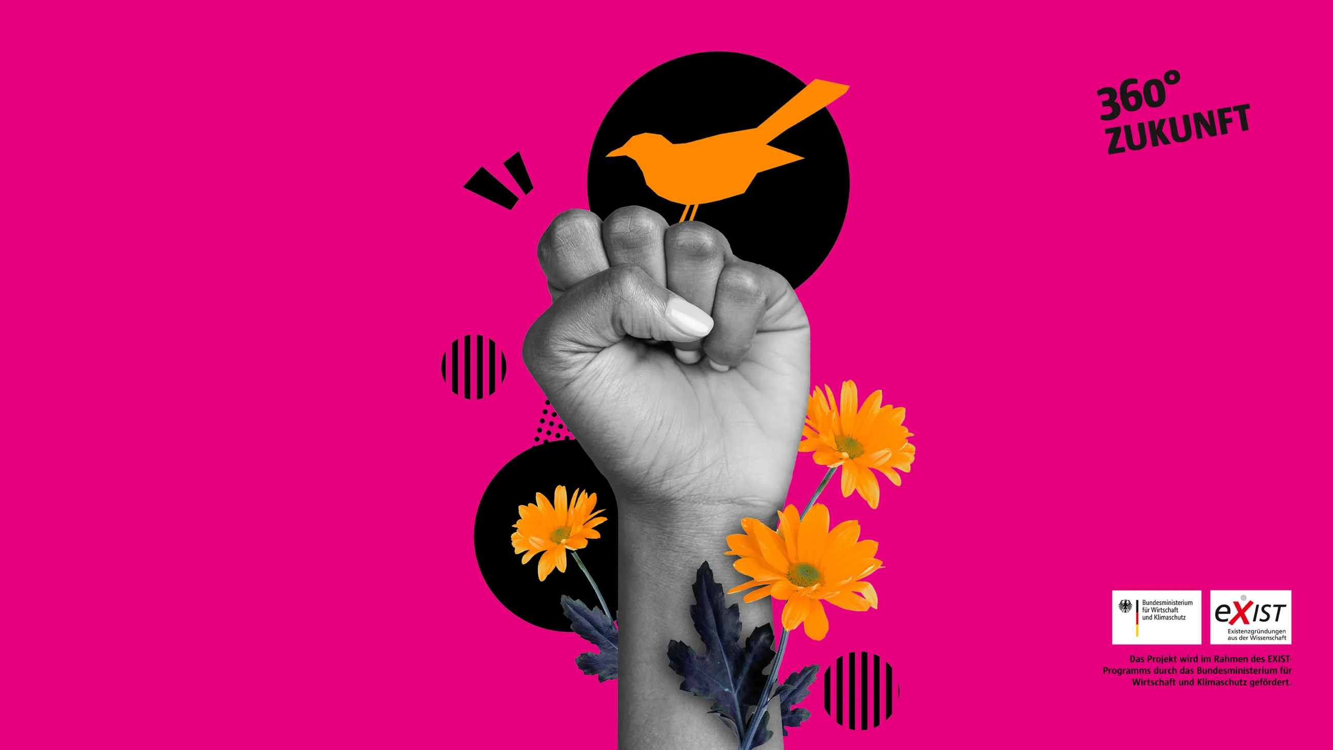 Illustration in pink, orange und schwarz mit Faust, Blumen, Vogel und Kreisgrafiken - Text: 360° Zukunft, Förderlogos