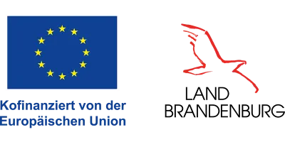 EU Sterne auf blauem Hintergrund und Brandenburger Adler mit Schrifzug